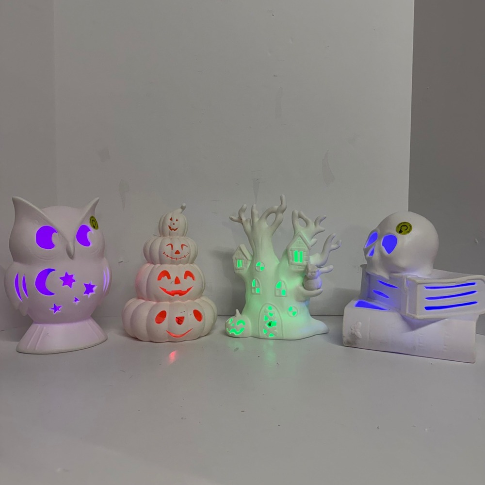White Ceramic Paintable Halloween Light Up Decor Craft Owl Pumpkin Tree Skull 4p